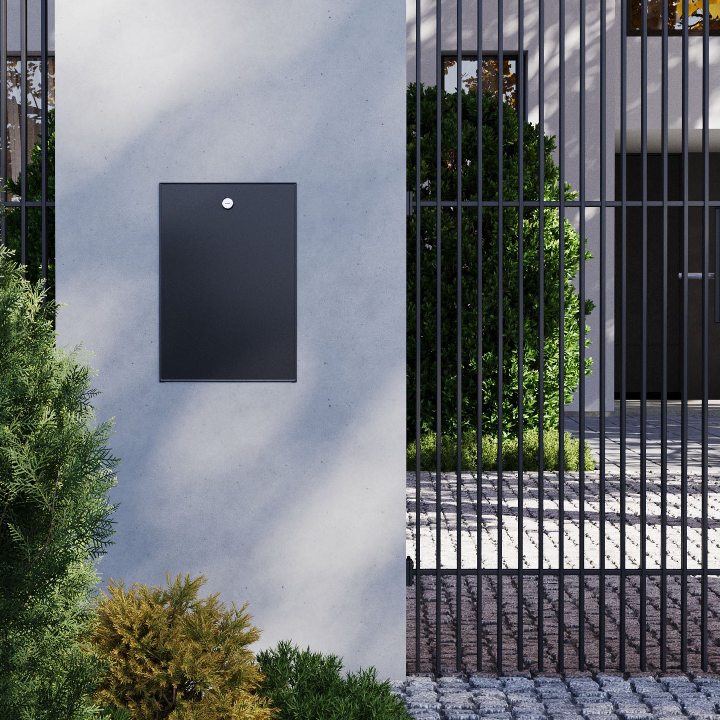 Built-In Mailbox installed on a wall with a sleek design and surrounding greenery.