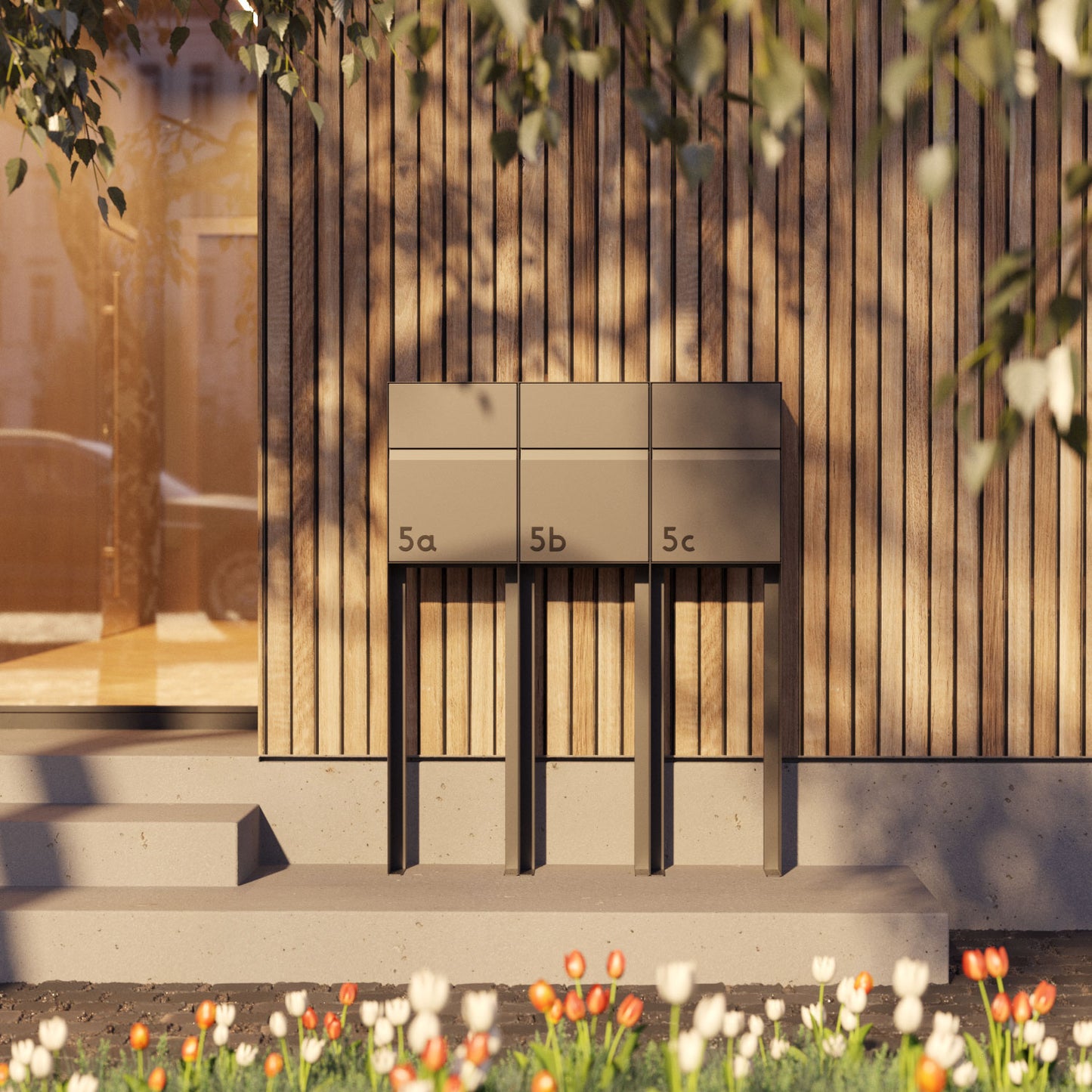 Standalone mailbox - STAND LEON by Bravios in white, modern design with three compartments displayed.