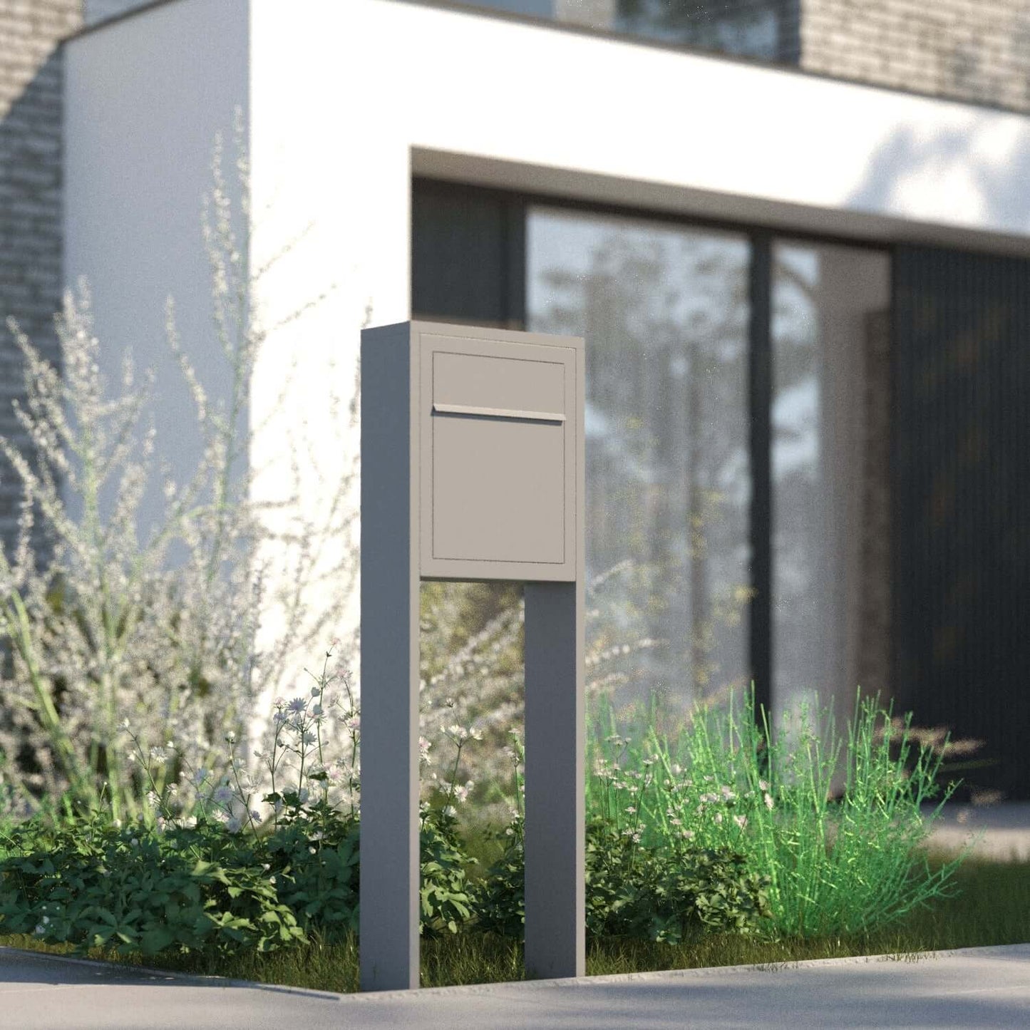 STAND BASE by Bravios - Modern post-mounted black mailbox with stainless steel flap