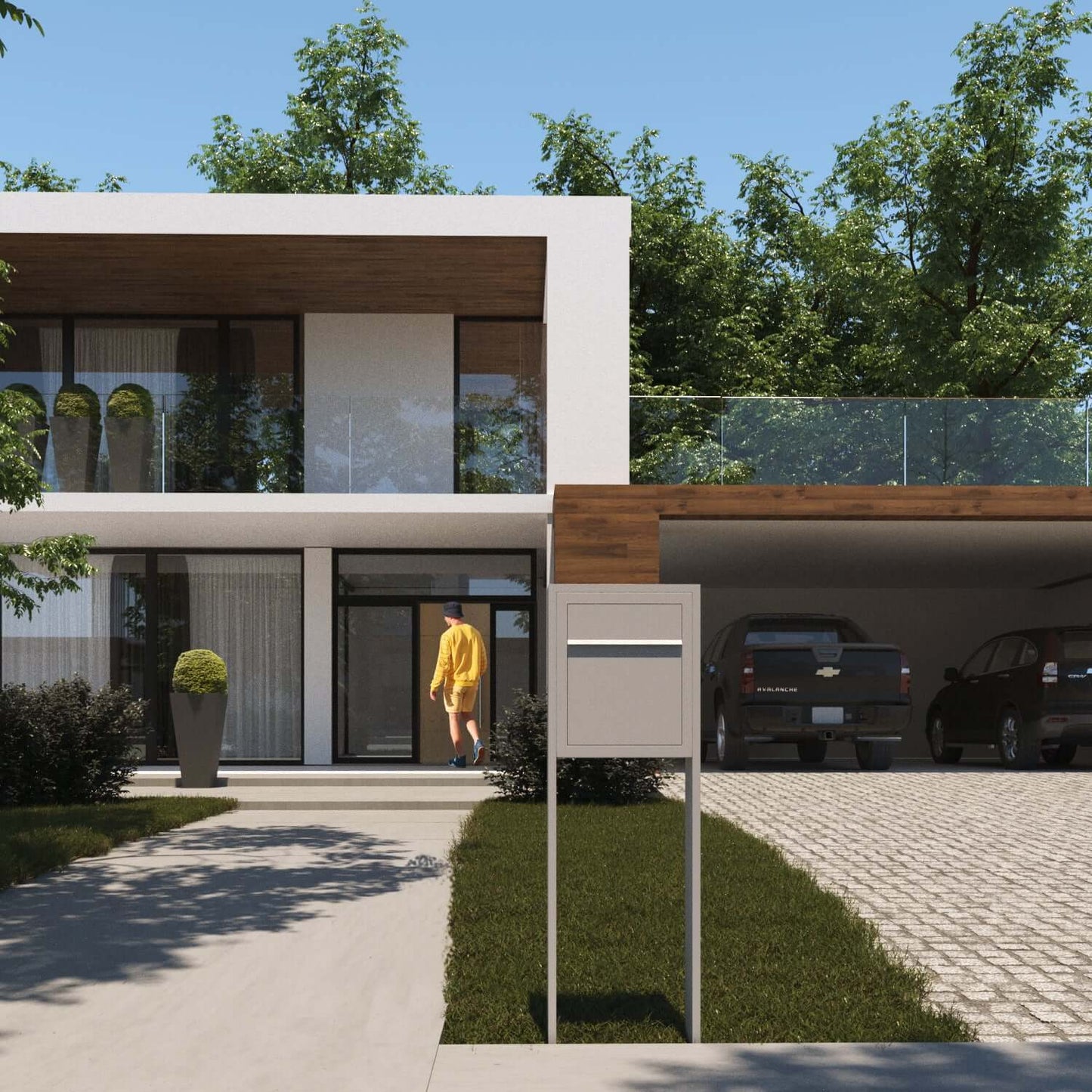 STAND BASE by Bravios - Modern post-mounted black mailbox with stainless steel flap