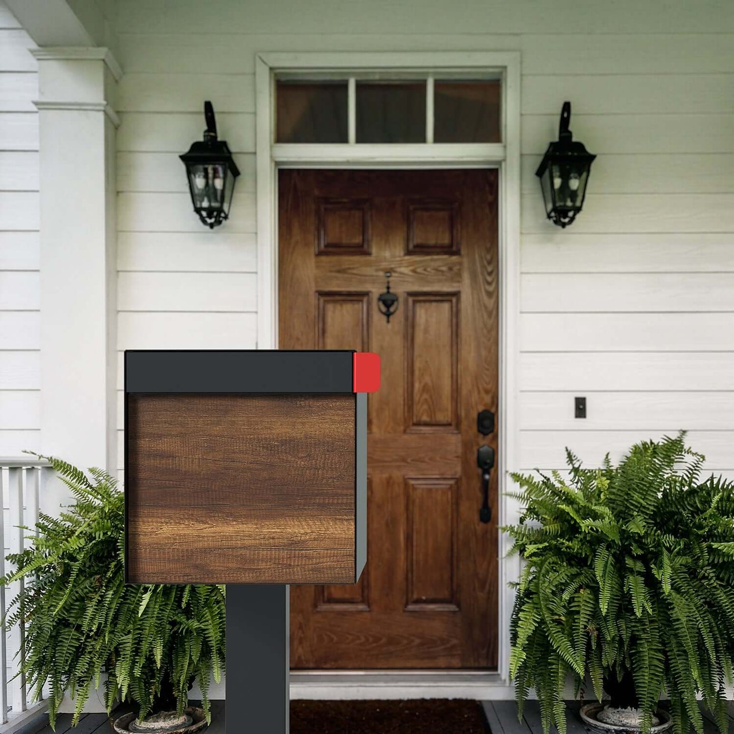 Town Square by Bravios - Large Capacity Mailbox with Post - Black with Barrique Oak Wood Panel