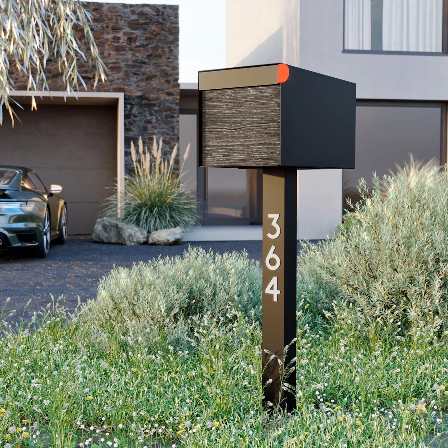 Town Square by Bravios - Large Capacity Mailbox with Post - Black with Jazz Wood Panel