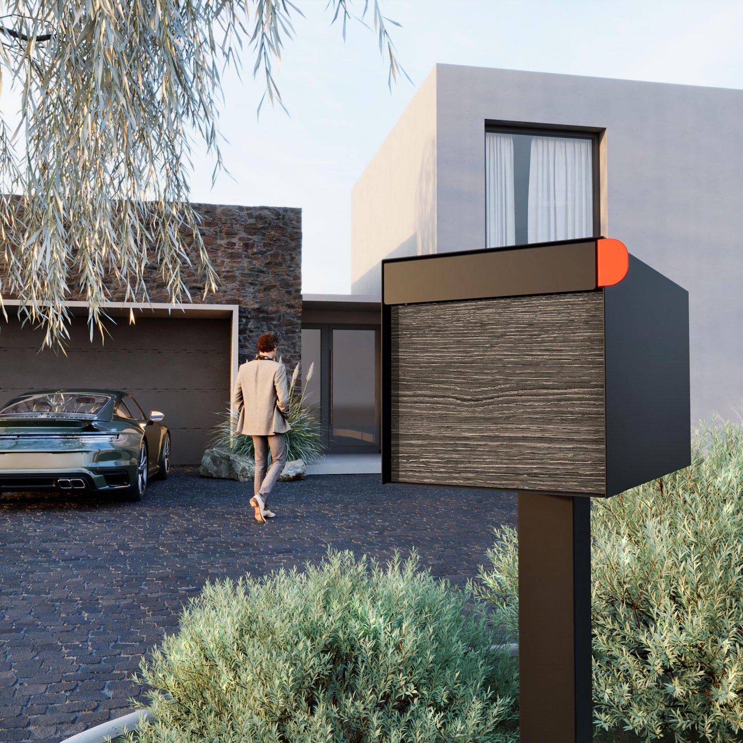 Town Square by Bravios - Large Capacity Mailbox with Post - Black with Jazz Wood Panel
