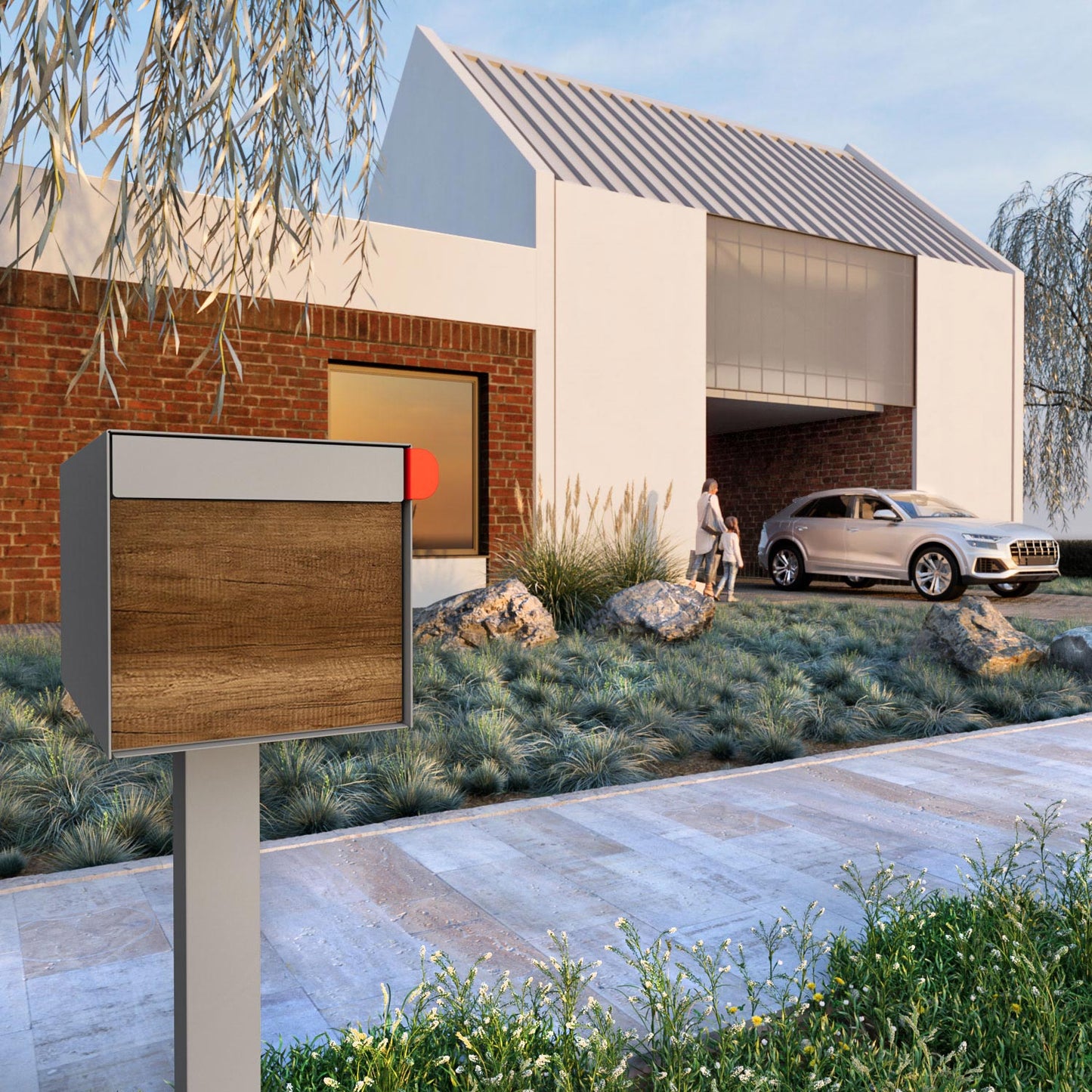 Town Square by Bravios - Large Capacity Mailbox with Post - Gray with Barrique Oak Wood Panel