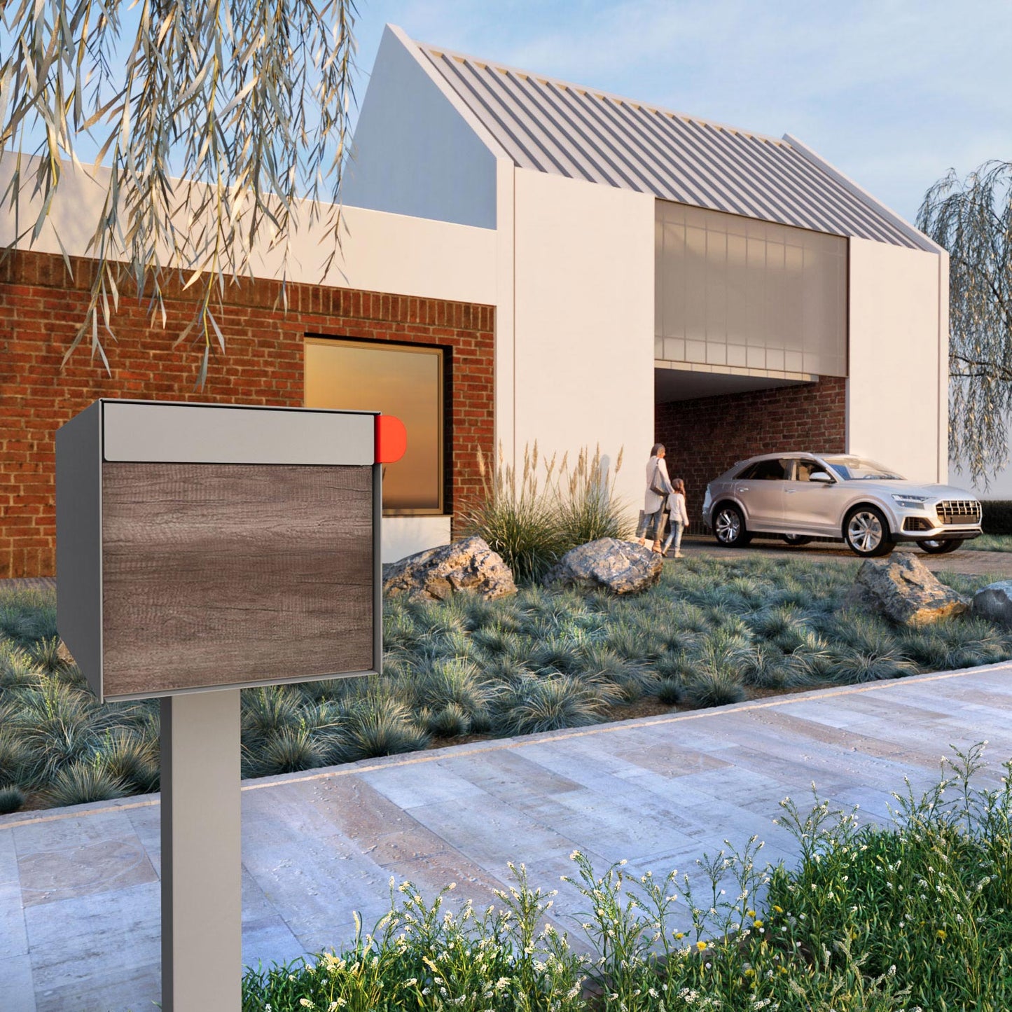 Town Square by Bravios - Large Capacity Mailbox with Post - Gray with Marshland Oak Wood Panel