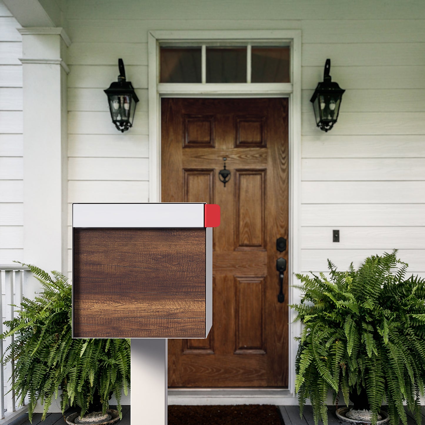 Town Square by Bravios - Large Capacity Mailbox with Post - White with Barrique Oak Wood Panel