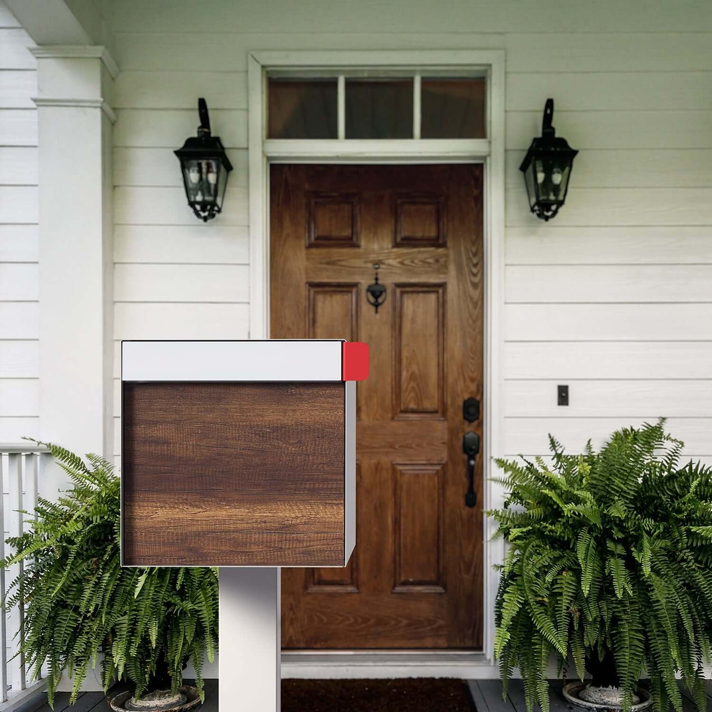 Town Square Mailbox by Bravios - Large Capacity Mailbox (Without Post) - White with Barrique Oak Wood Panel