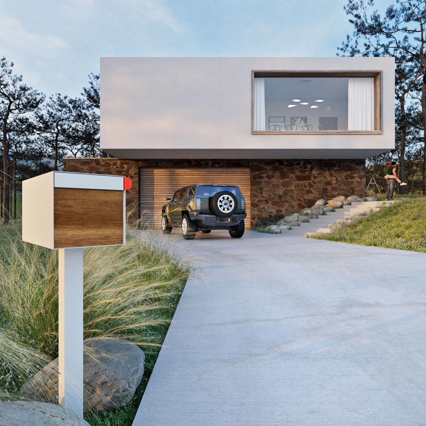 Town Square by Bravios - Large Capacity Mailbox with Post - White with Barrique Oak Wood Panel