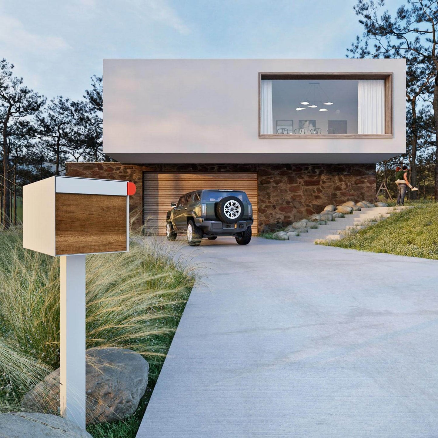 Town Square by Bravios - Large Capacity Mailbox with Post - White with Barrique Oak Wood Panel