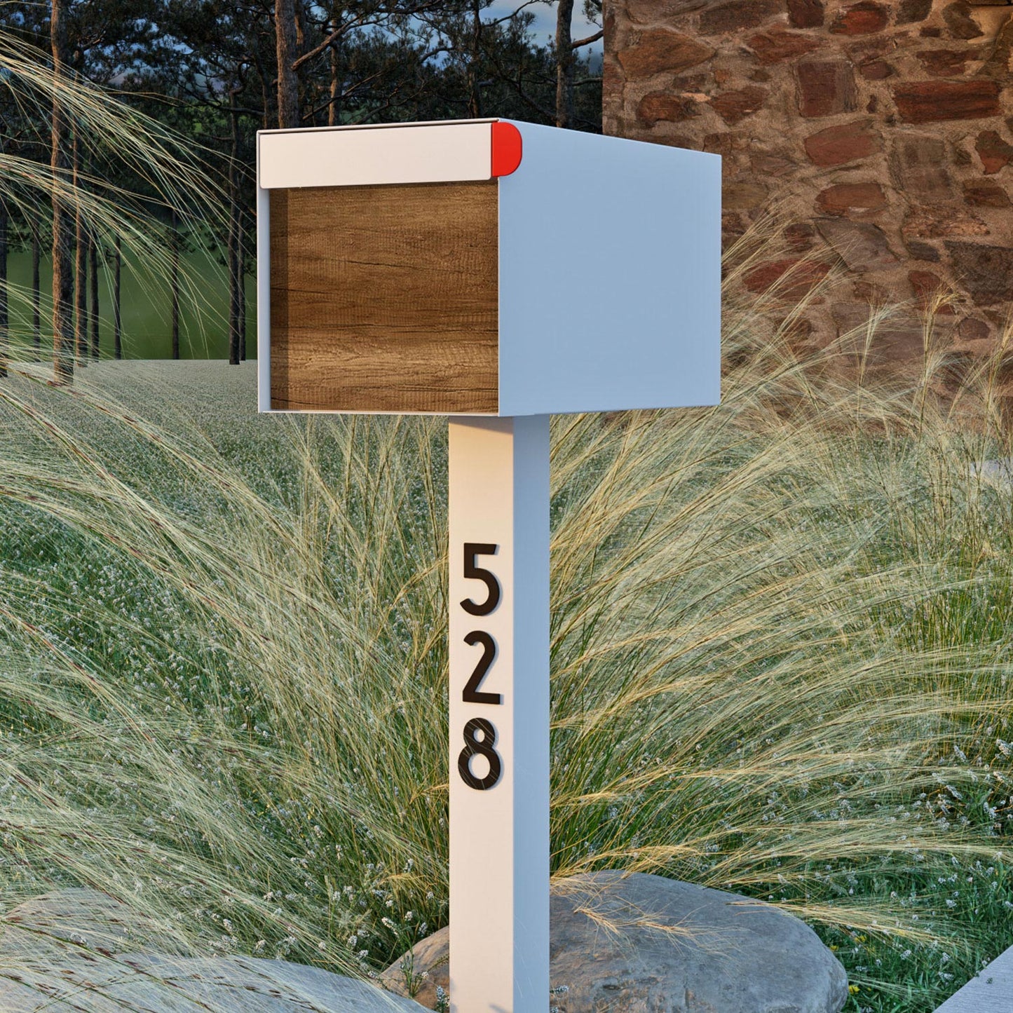 Town Square by Bravios - Large Capacity Mailbox with Post - White with Barrique Oak Wood Panel