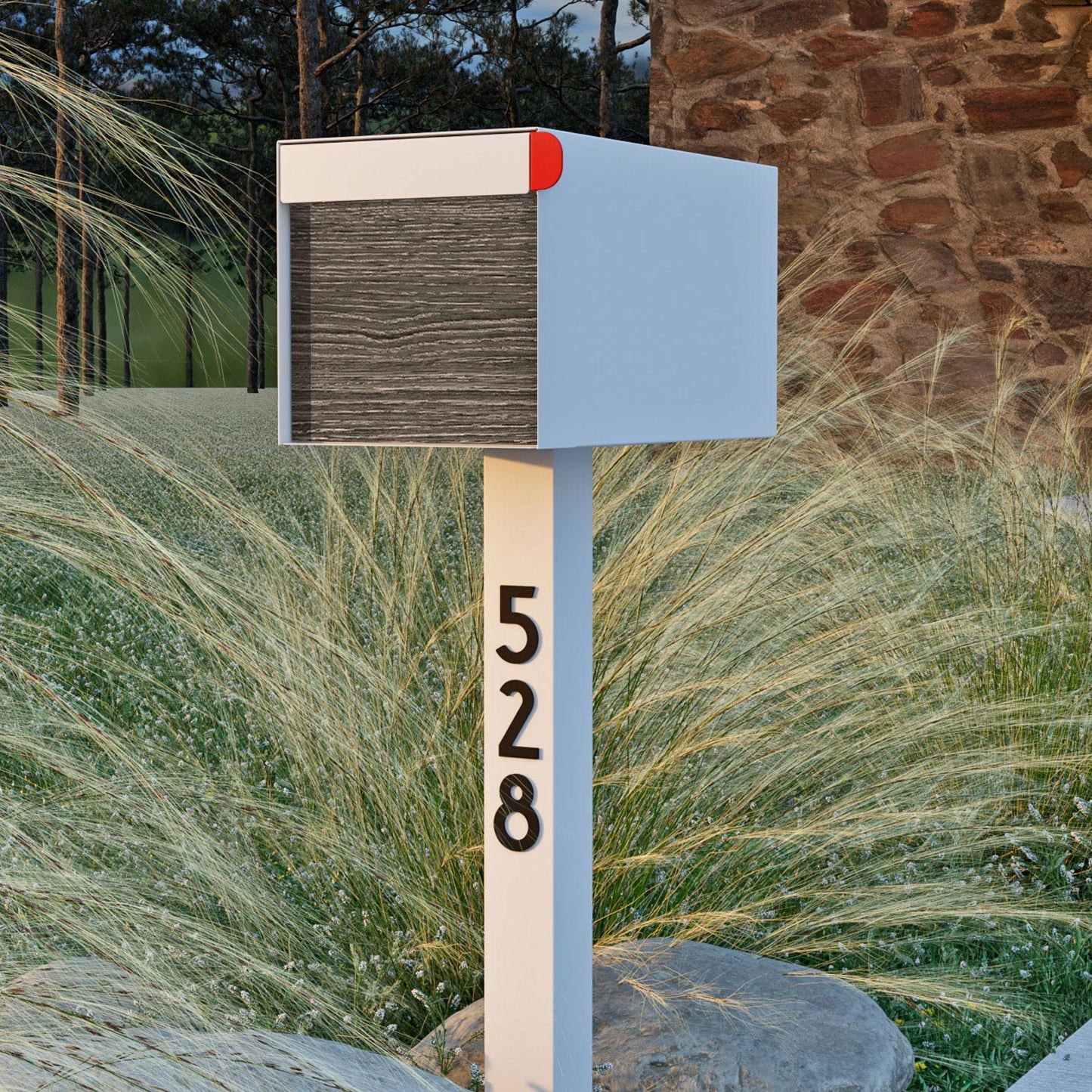 Town Square by Bravios - Large Capacity Mailbox with Post - White with Jazz Wood Panel
