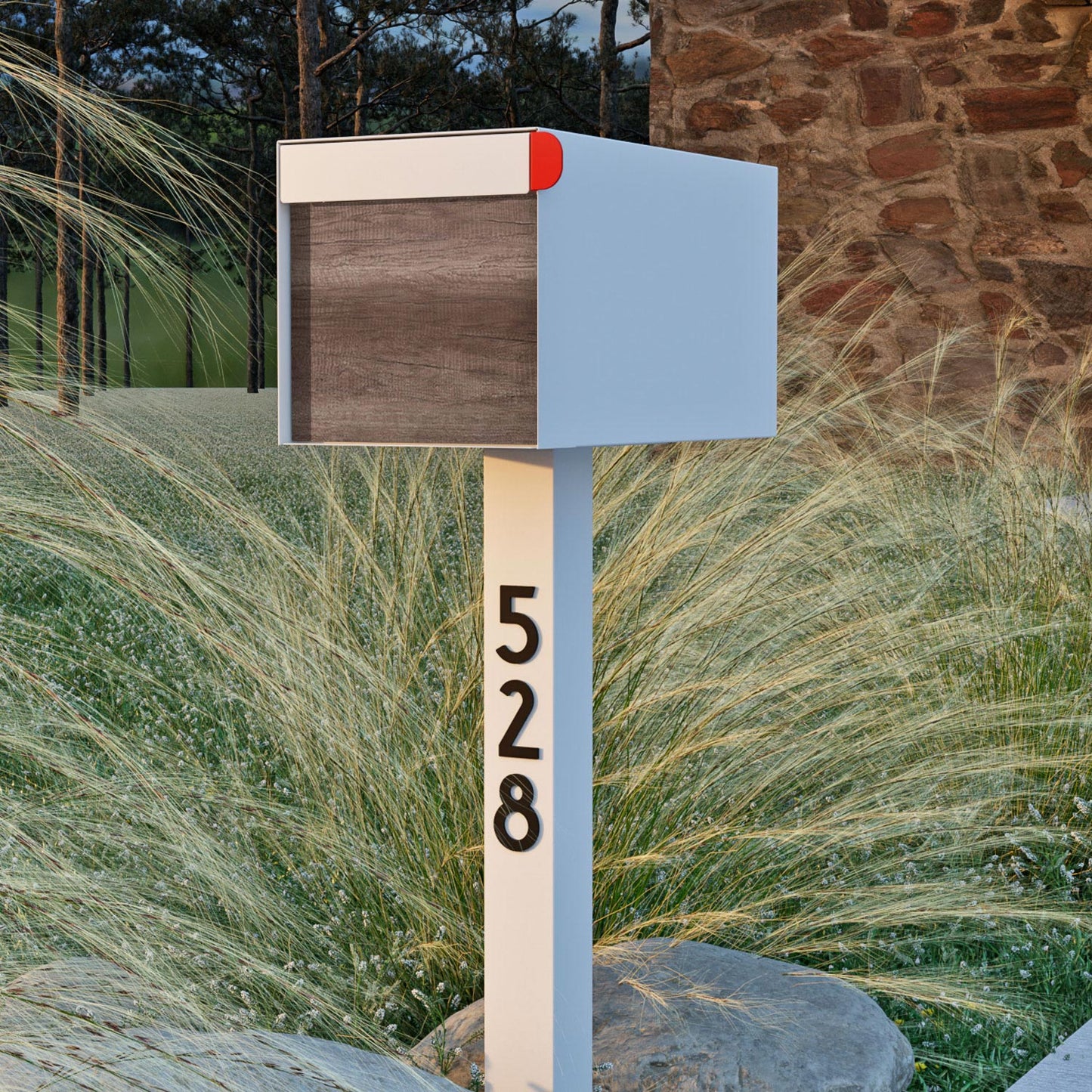 Town Square Mailbox by Bravios - Large Capacity Mailbox (Without Post) - White with Marshland Oak Wood Panel