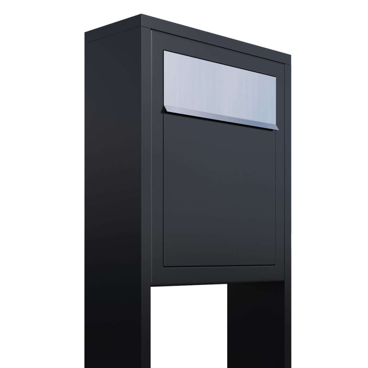 STAND BASE by Bravios - Modern post-mounted black mailbox with stainless steel flap