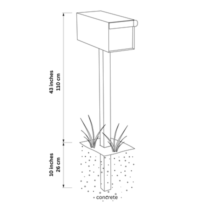 Post mount mailbox TOWN SQUARE dimensions illustration with height and width measurements in inches and centimeters.