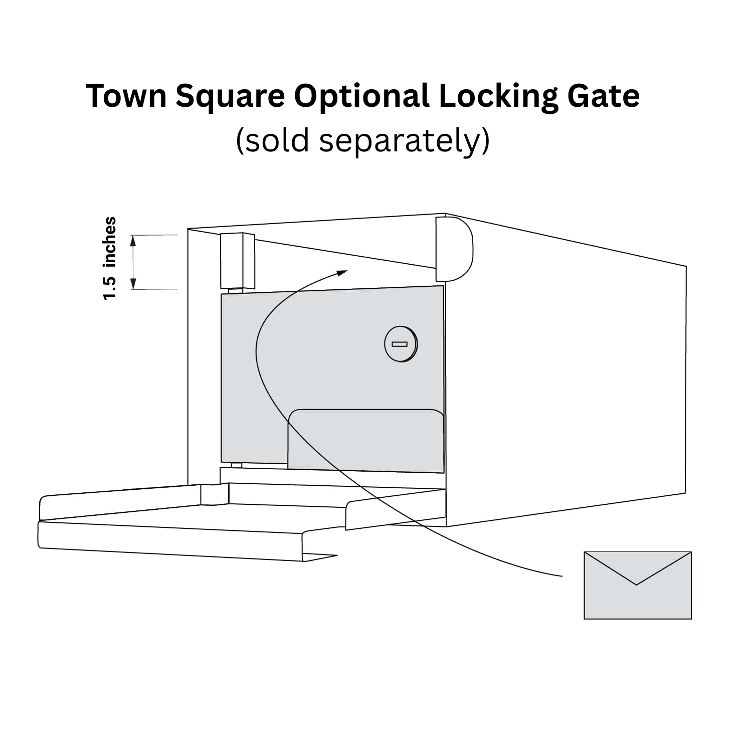 Diagram of residential mailbox Town Square optional locking gate for post mount mailbox, dimensions included, sold separately.