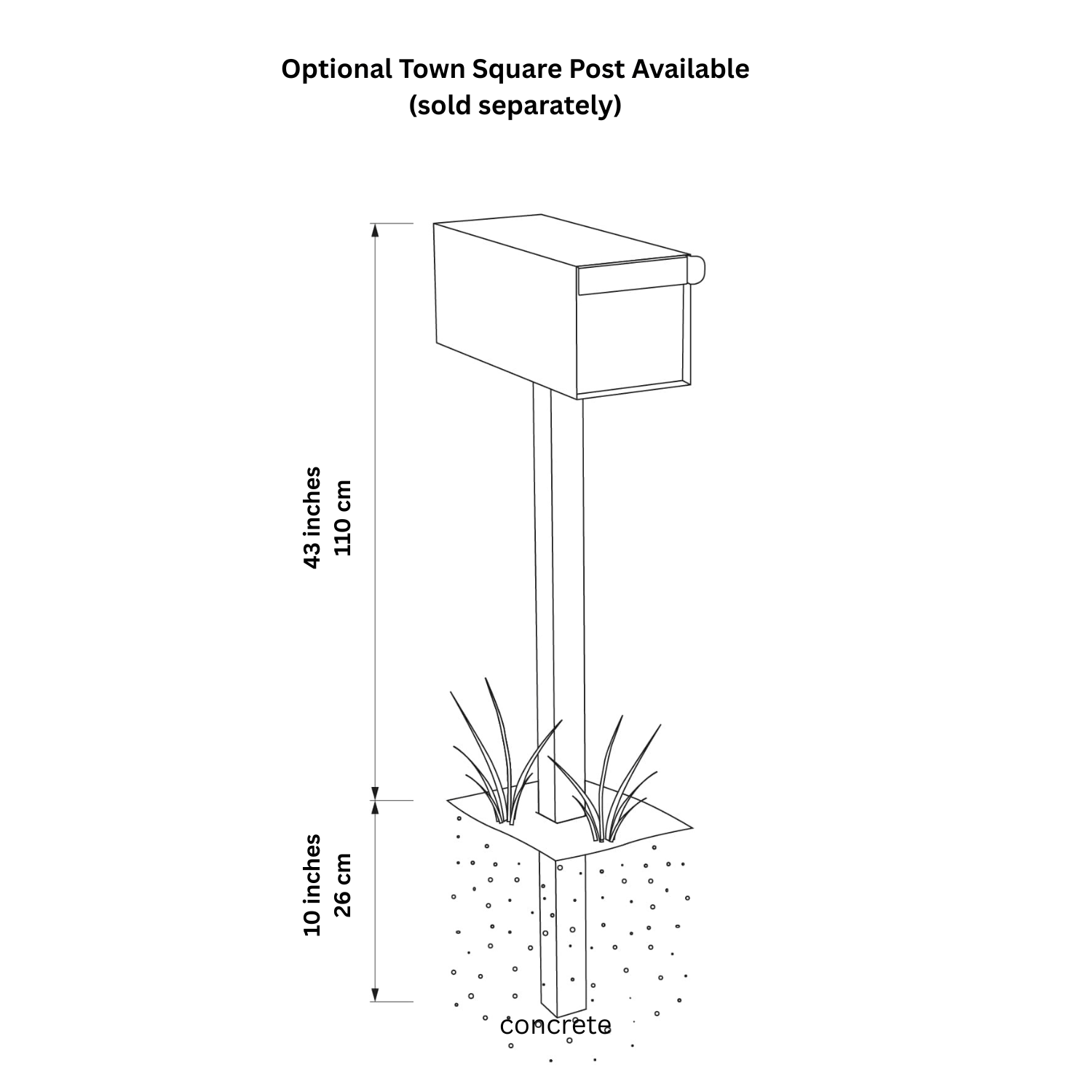 Illustration of residential mailbox TOWN SQUARE with optional post dimensions and installation details.
