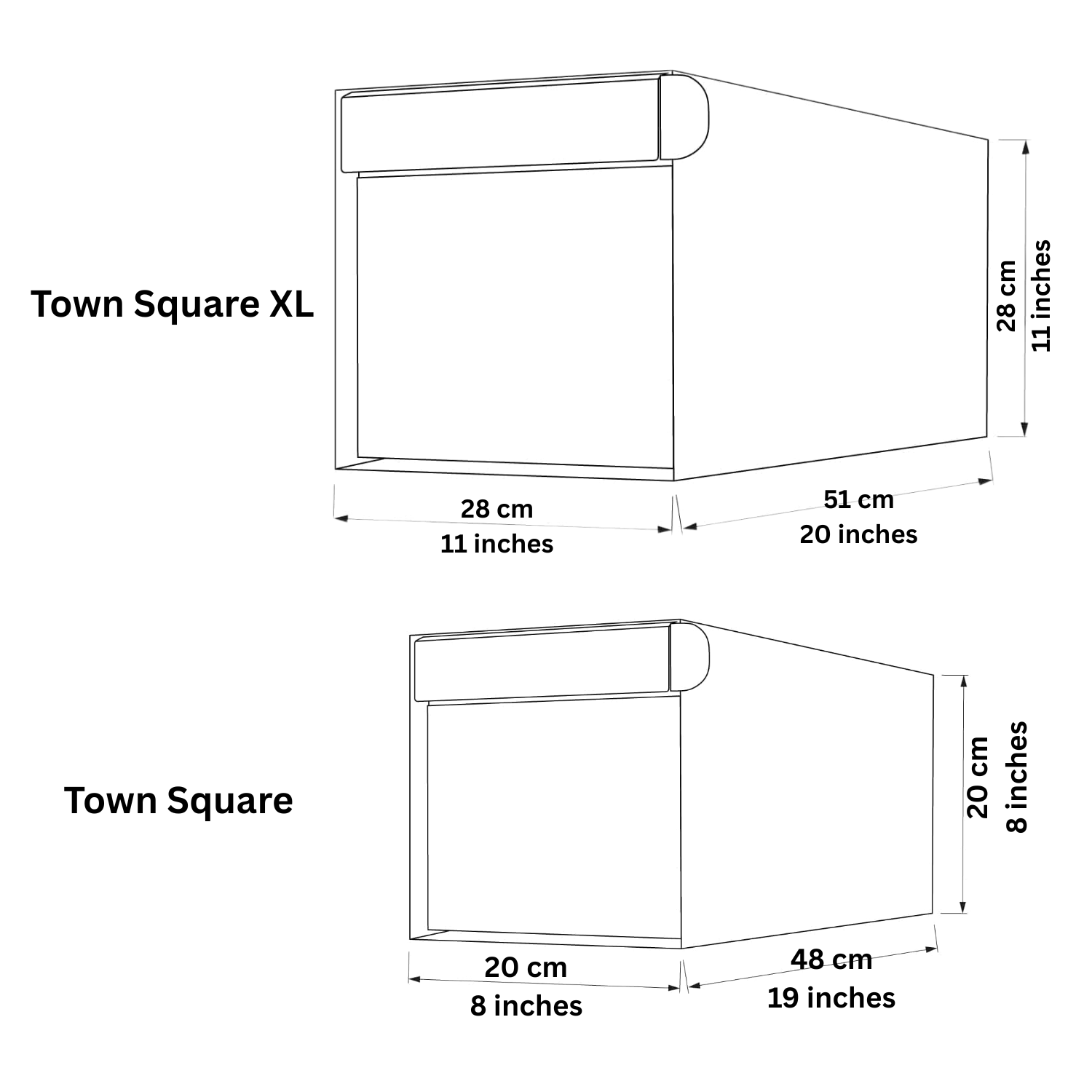 Post mount mailbox dimensions comparison: Town Square XL and Town Square residential mailbox with measurements in cm and inches.