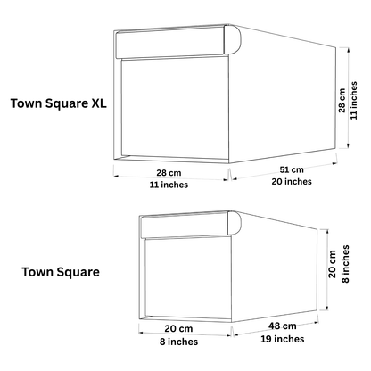 Post mount mailbox dimensions comparison: Town Square XL and Town Square residential mailbox with measurements in cm and inches.