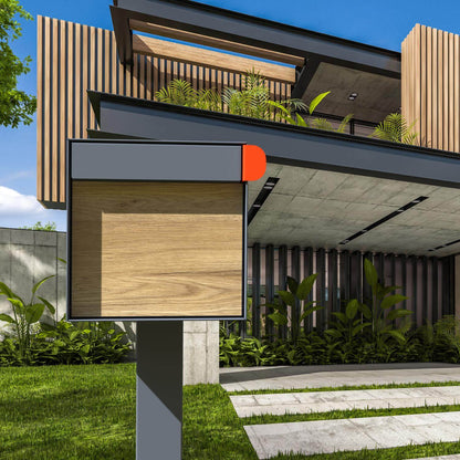 The residential mailbox TOWN SQUARE with wood panel accent outside a modern home
