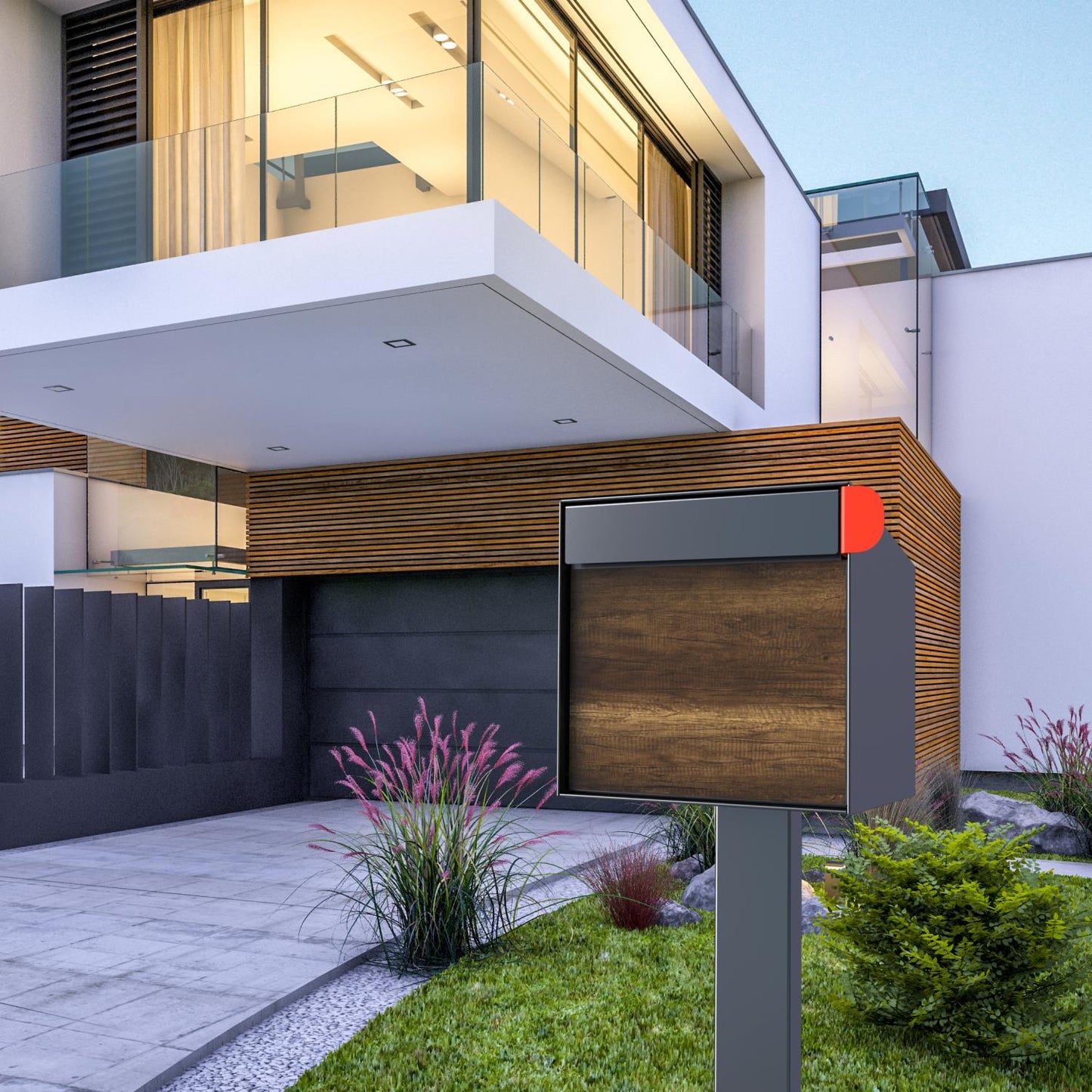 Post mount mailbox TOWN SQUARE with Post in Anthracite outside a modern home with wooden accents.