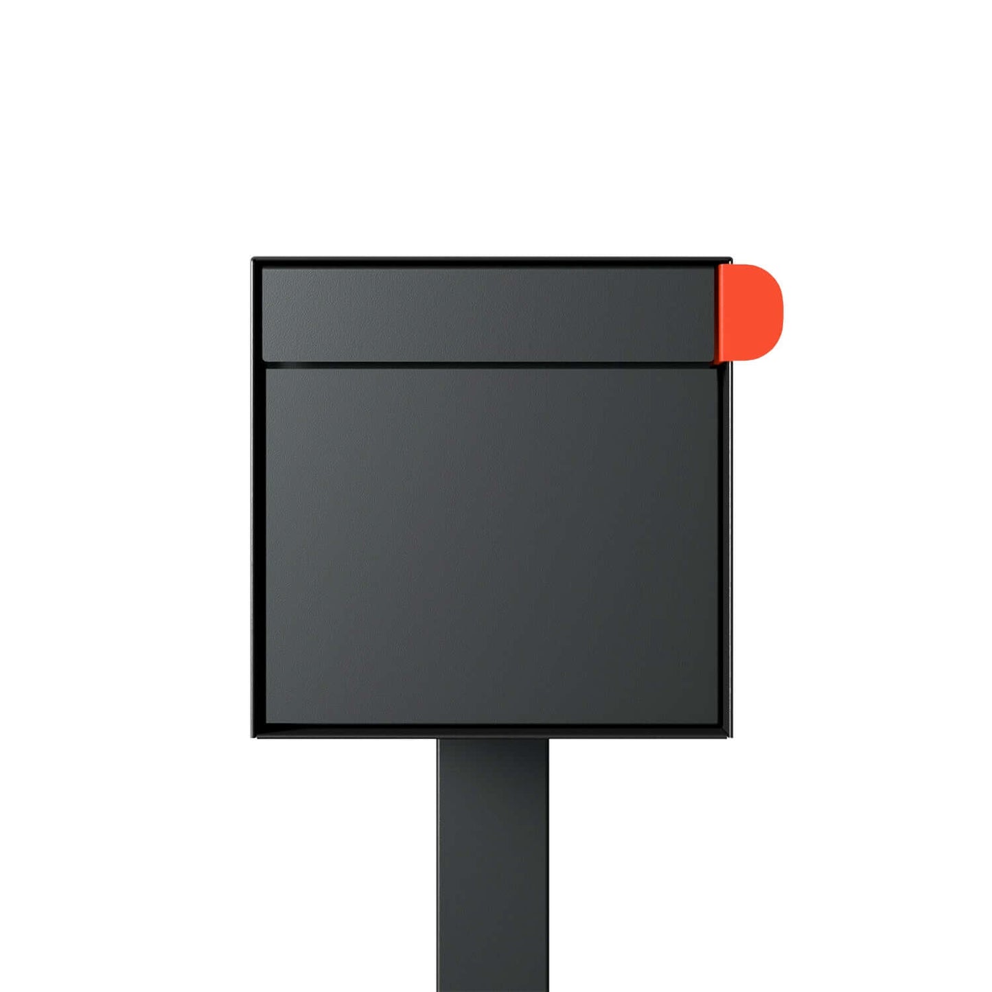 Post mount mailbox TOWN SQUARE in black with bright orange flag, modern design and sturdy steel construction.