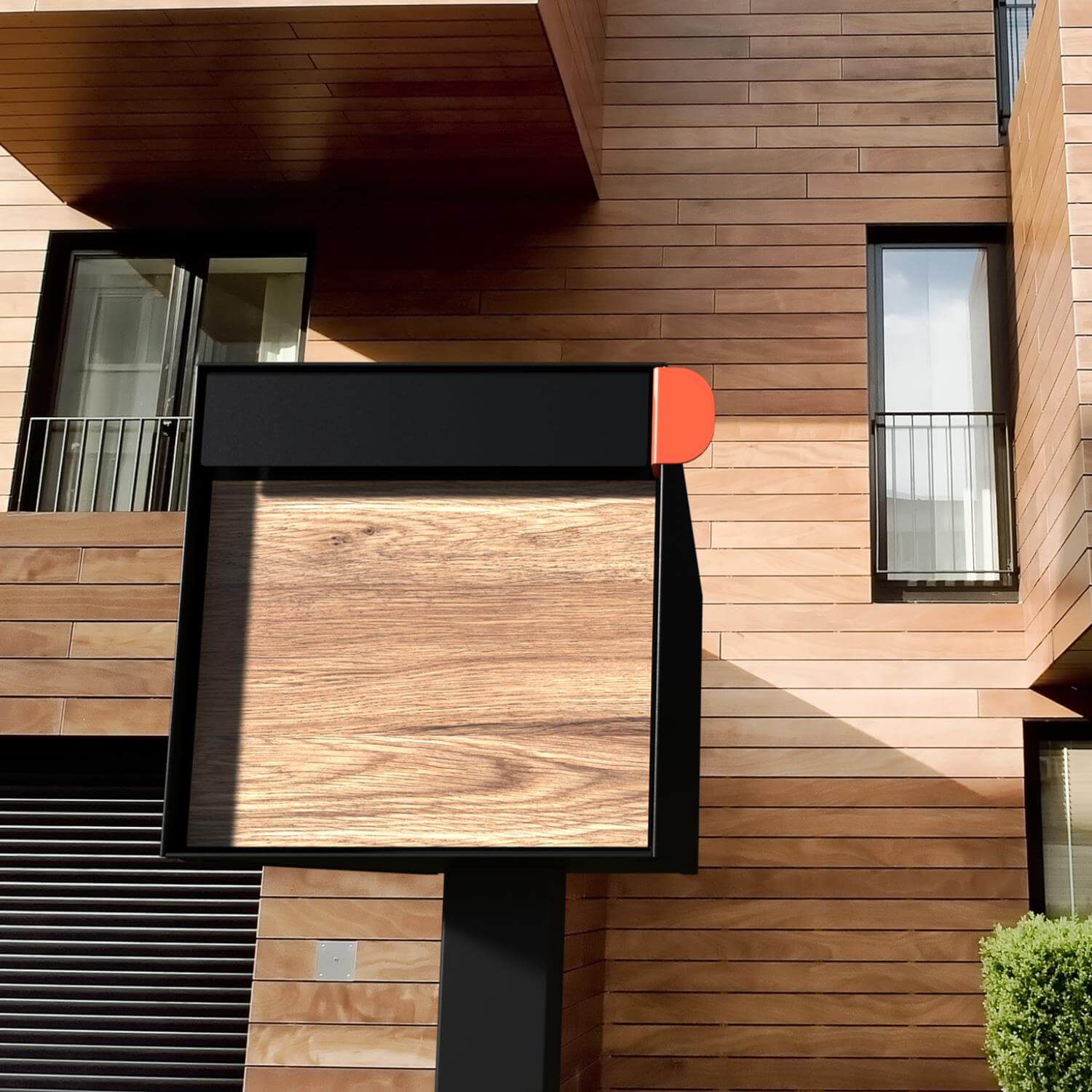 Post mount mailbox TOWN SQUARE in Black with Wood Panel - the perfect residential mailbox in a modern architectural setting.