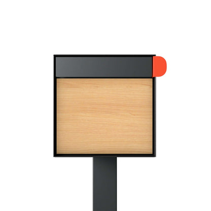 Post mount mailbox TOWN SQUARE in black with wood panel and modern design by Bravios.