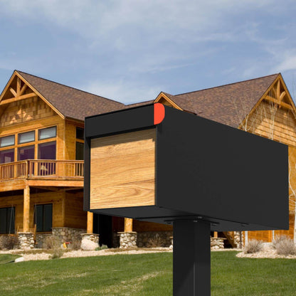 Post mount mailbox TOWN SQUARE in Black with Wood Panel - the perfect residential mailbox outside modern house
