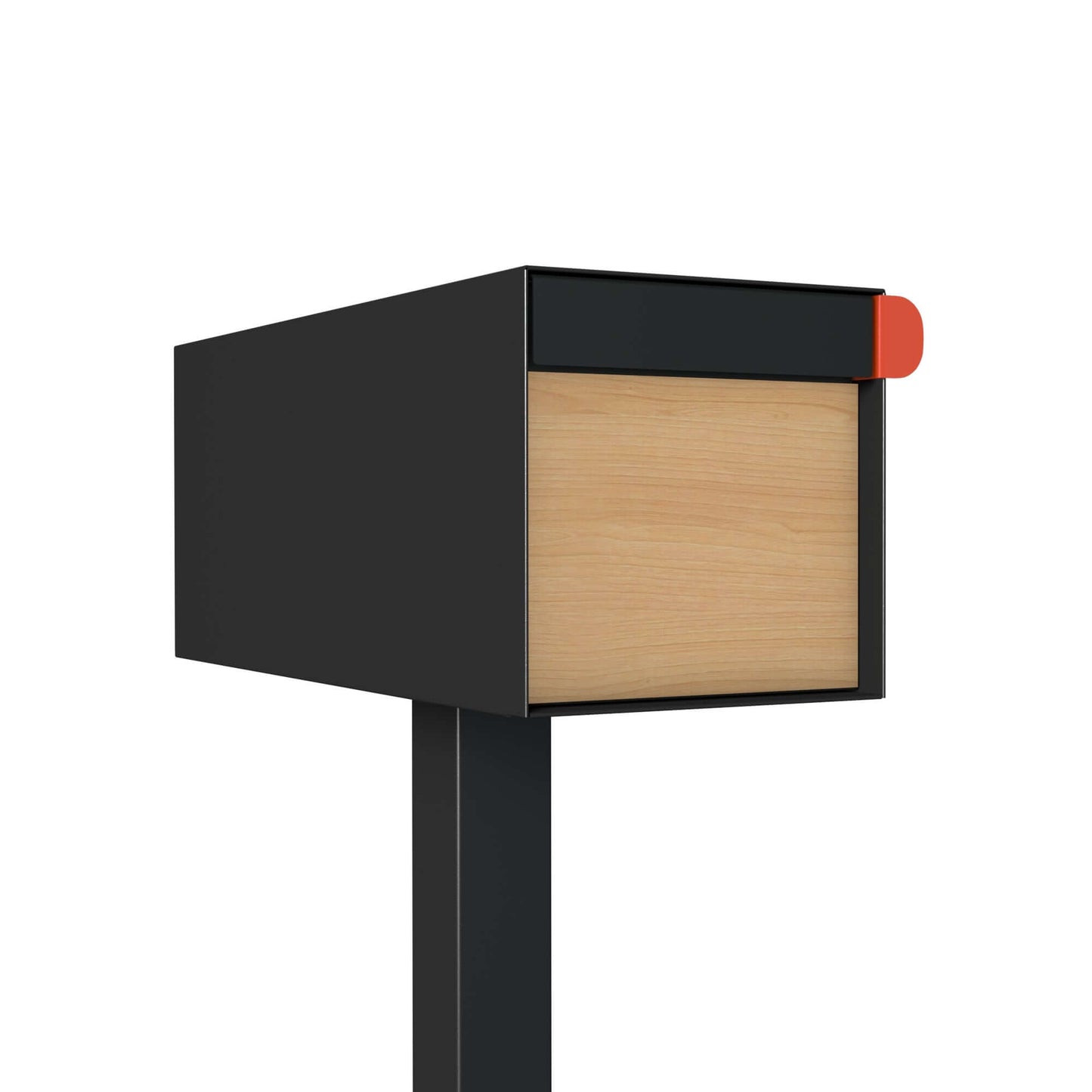 Post mount mailbox TOWN SQUARE in black with wood panel by Bravios, showcasing modern and stylish curbside design.