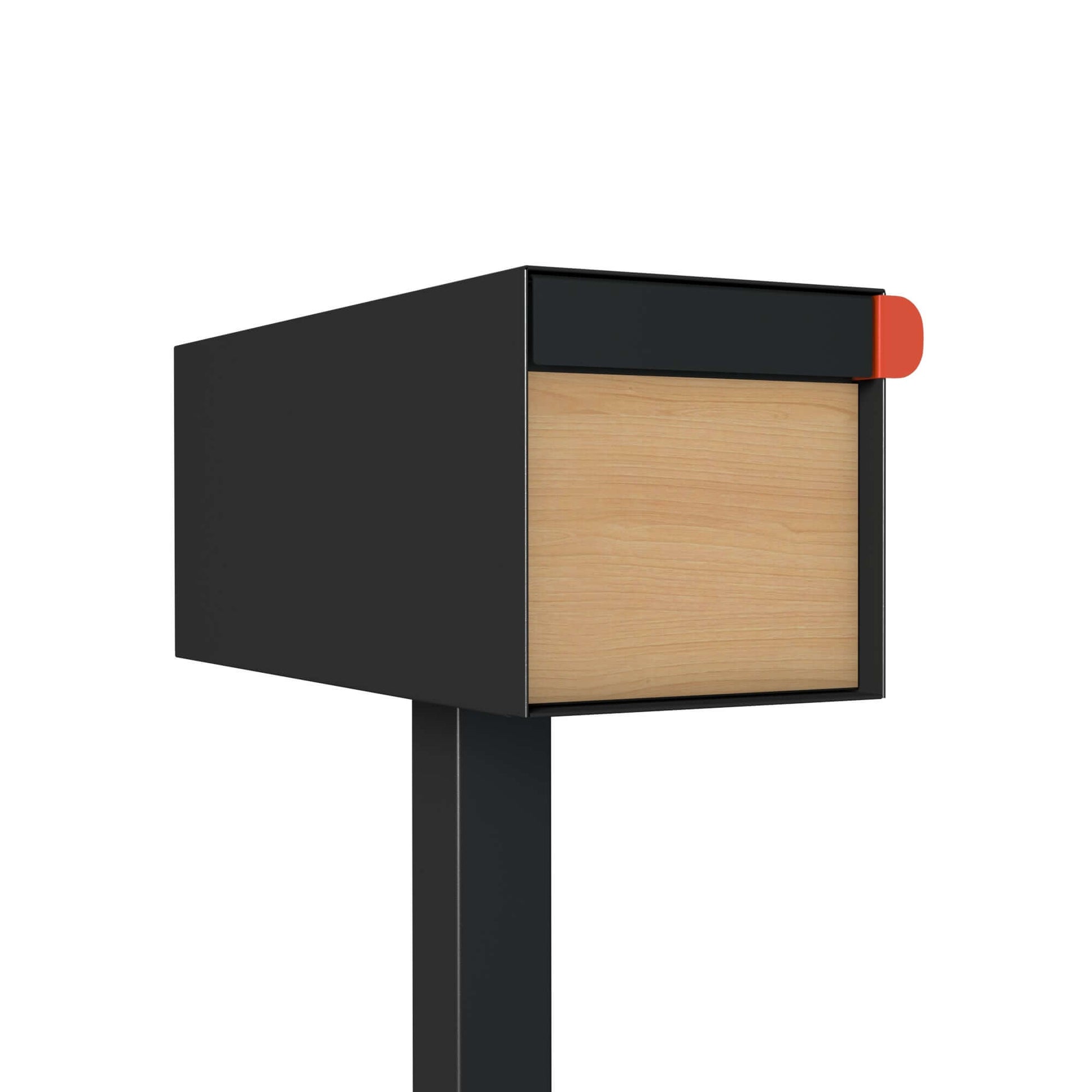 Post mount mailbox TOWN SQUARE in black with wood panel by Bravios, showcasing modern and stylish curbside design.