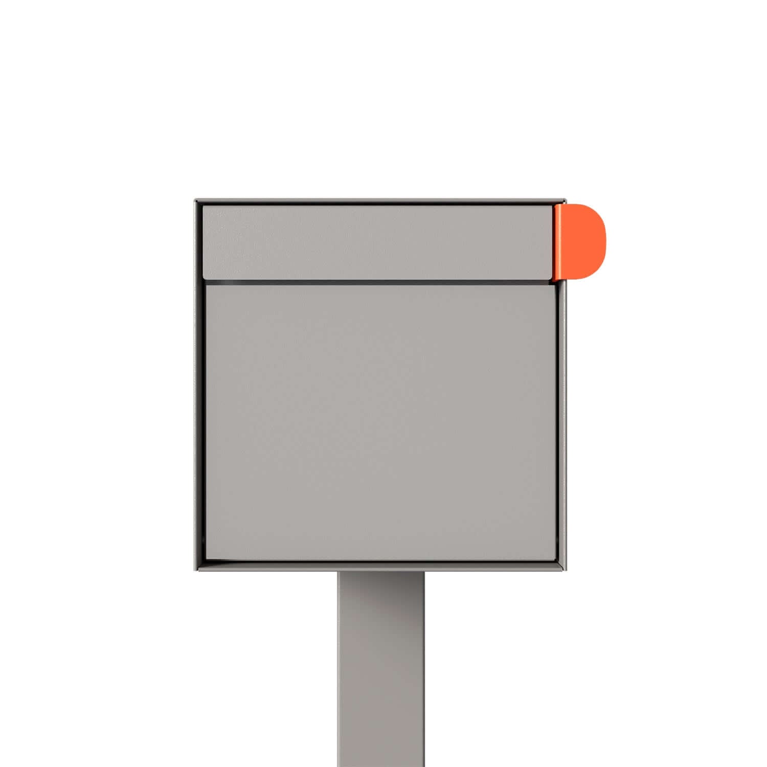 Post mount mailbox TOWN SQUARE in Gray with modern design and vibrant orange flag.