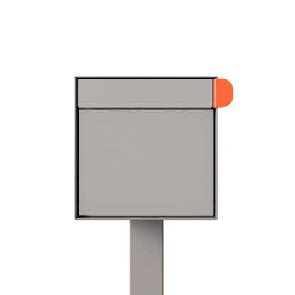Post mount mailbox TOWN SQUARE in Gray with modern design and vibrant orange flag.