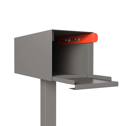 Post mount mailbox TOWN SQUARE in Gray with modern design and vibrant red handle, showcasing open lid.