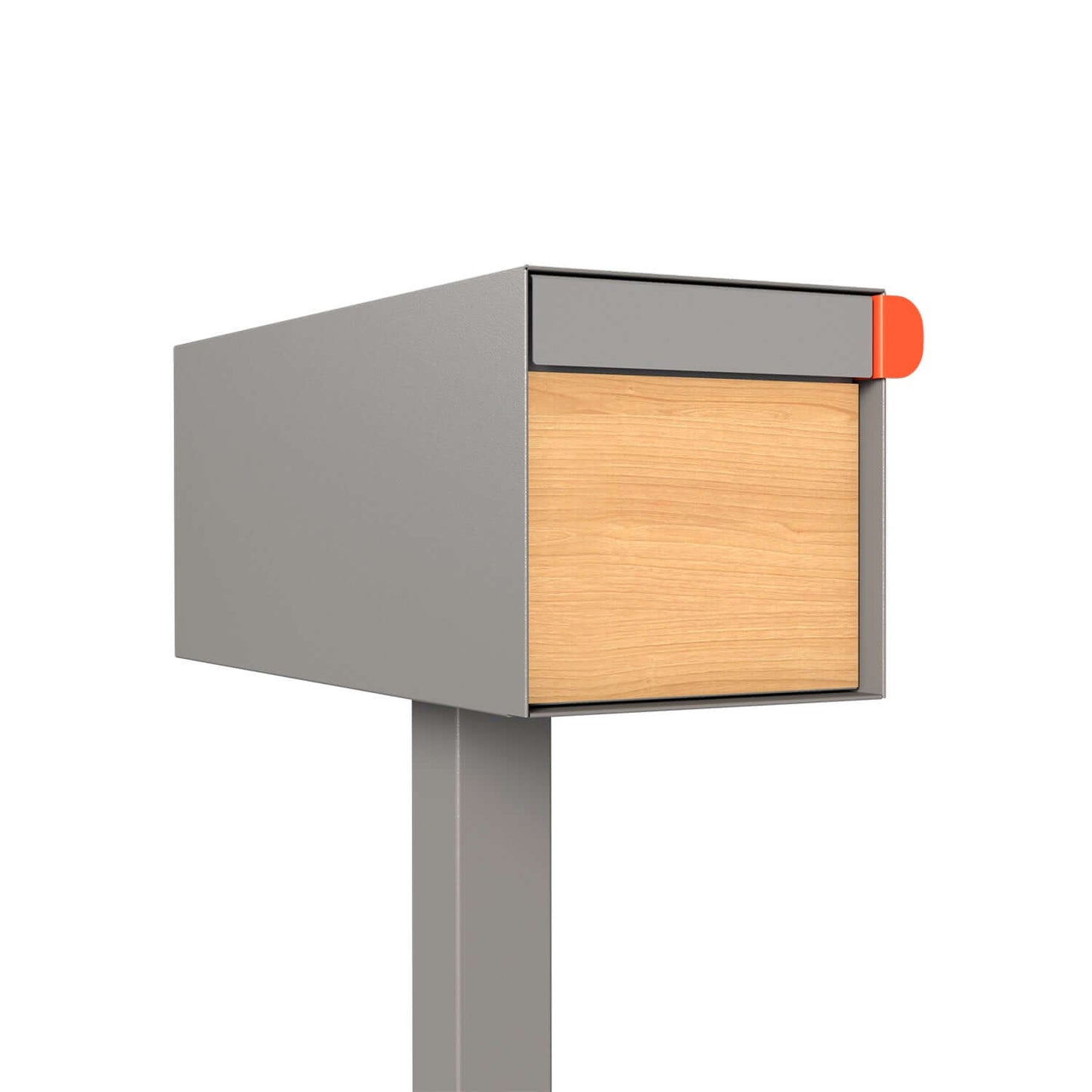 Post mount mailbox TOWN SQUARE in gray with wood panel and modern design.