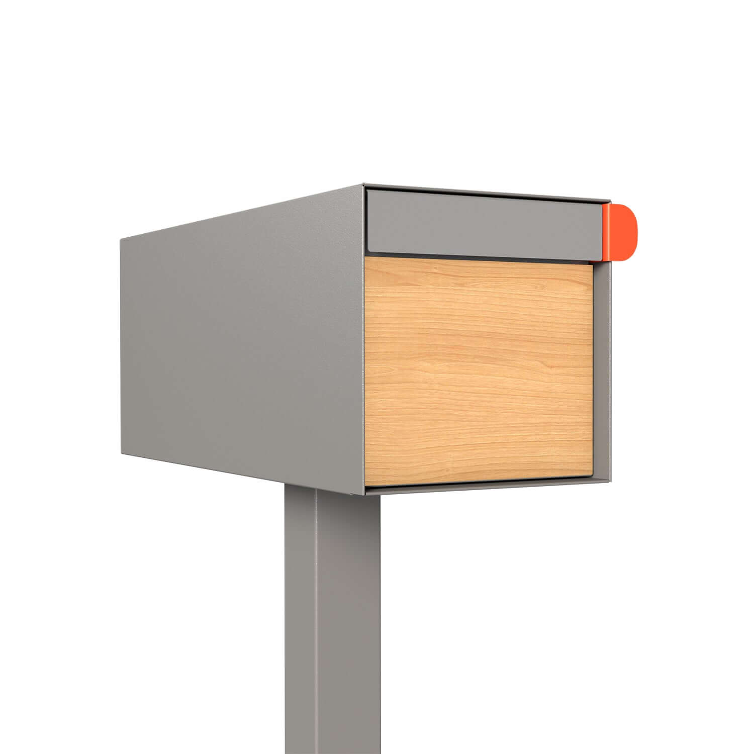 Post mount mailbox TOWN SQUARE in gray with wood panel and modern design.