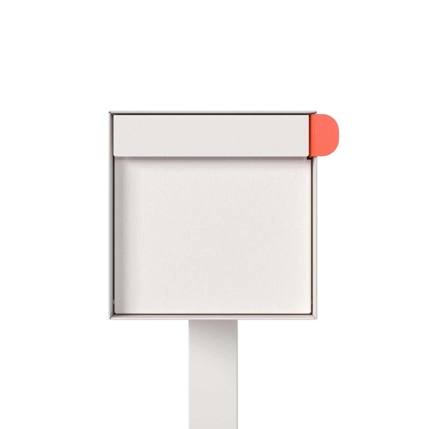 Post mount mailbox TOWN SQUARE in white with a modern design and a vibrant orange flag.