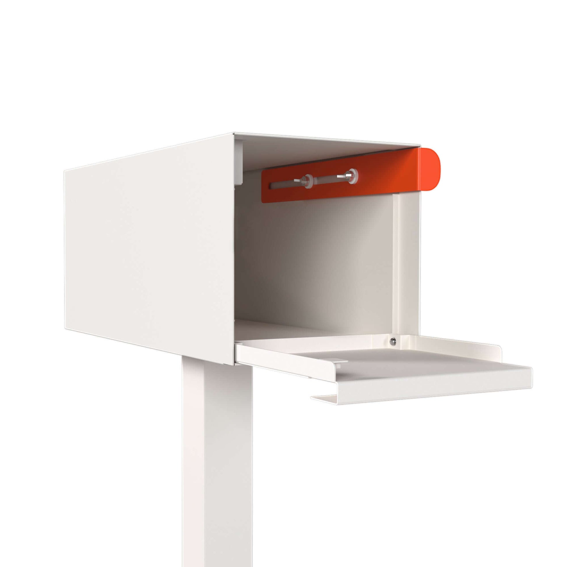 Post mount mailbox TOWN SQUARE in White with Wood Panel, modern curbside design, open for mail access.