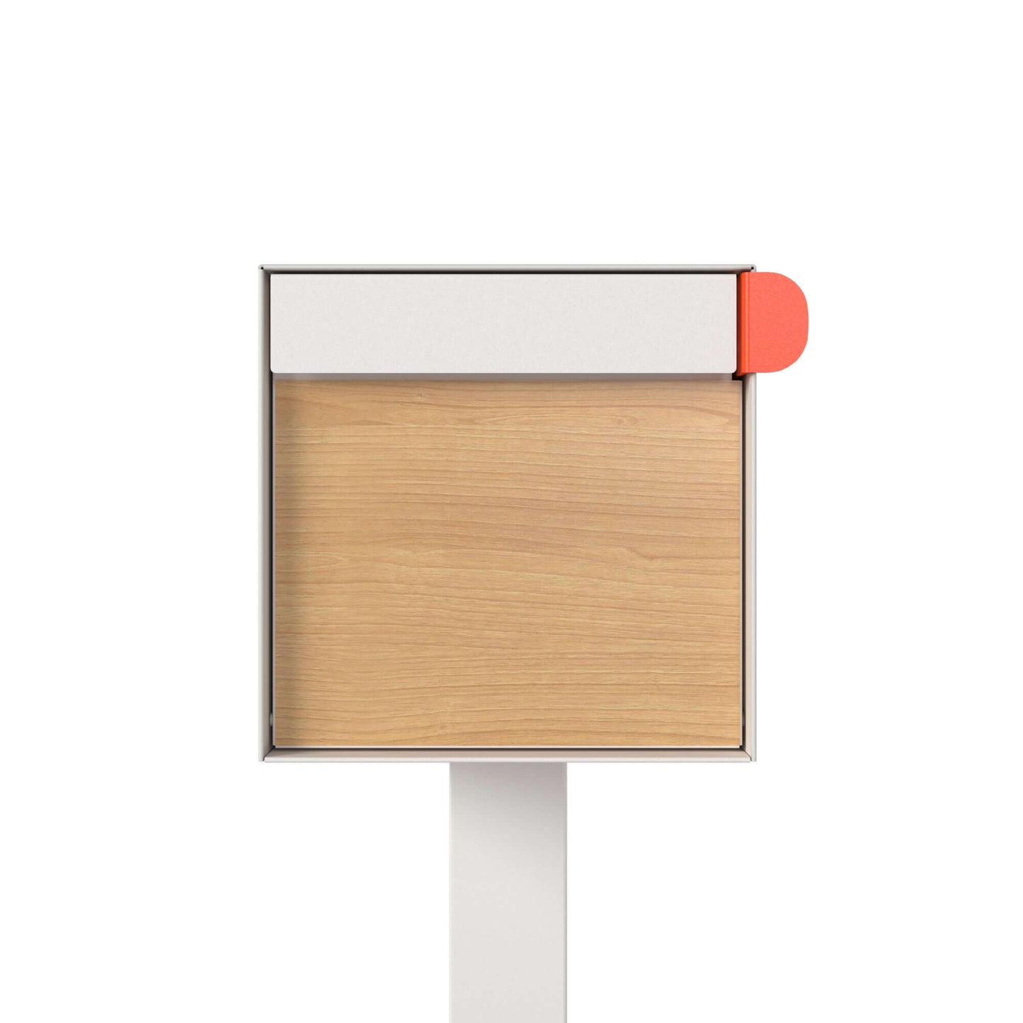 Post mount mailbox TOWN SQUARE in white with wood panel, modern design with orange accent.