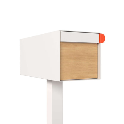 Post mount mailbox TOWN SQUARE in white with wood panel, modern curbside design by Bravios.