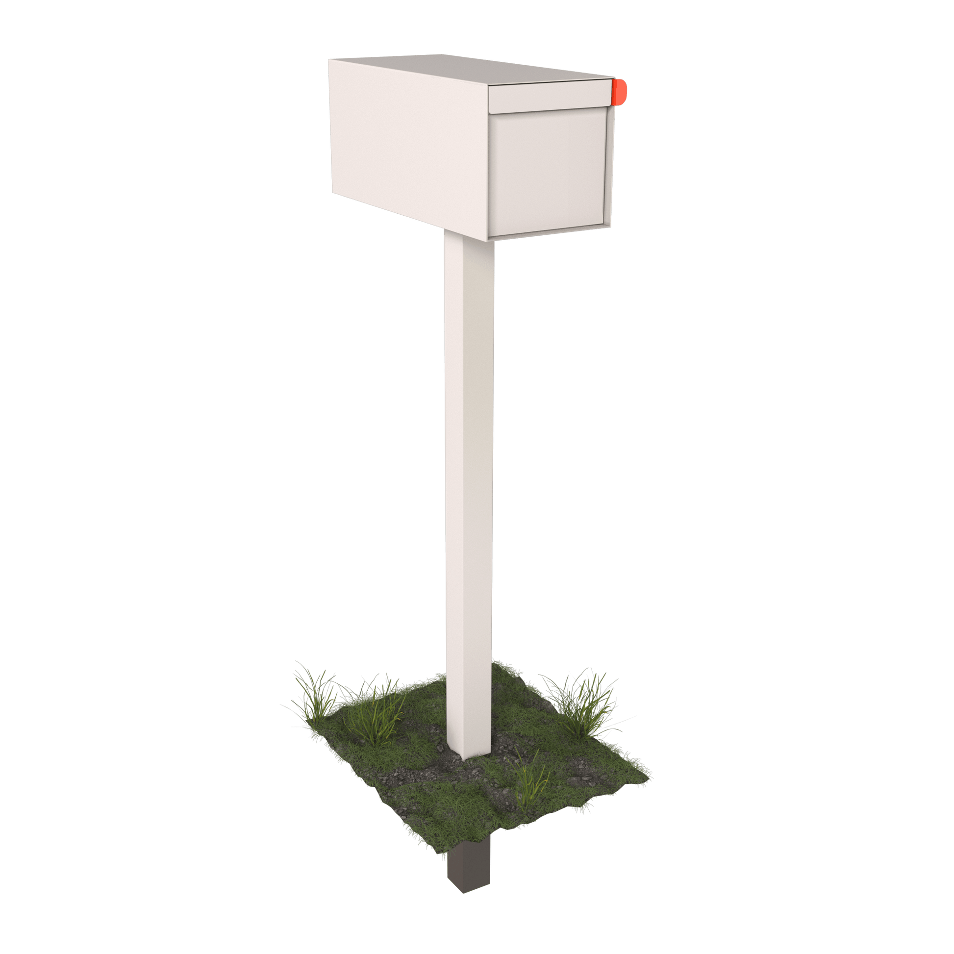 Post mount mailbox TOWN SQUARE in white mounted on a post with grass around it - a modern residential mailbox.