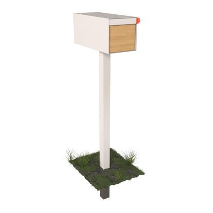 Post mount mailbox TOWN SQUARE in white with wood panel, featuring a modern design and sturdy post.