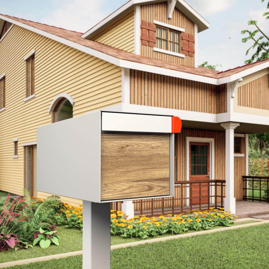 Post mount mailbox TOWN SQUARE in white with wood panel - the perfect residential mailbox outside modern home.