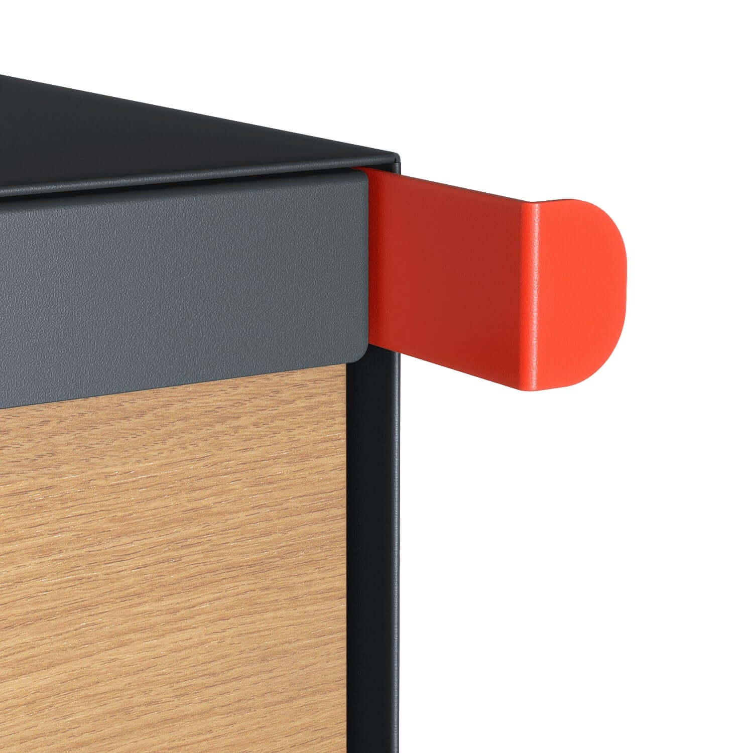 Close-up of the post mount mailbox TOWN SQUARE showing the anthracite finish with a bright red handle.