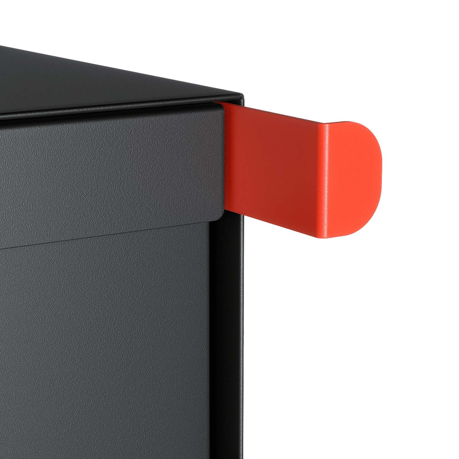 Close-up of the red flag on the Post mount mailbox TOWN SQUARE in black, showcasing modern design and functionality.