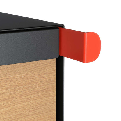 Close-up of the post mount mailbox TOWN SQUARE in black with wood panel - the perfect residential mailbox.