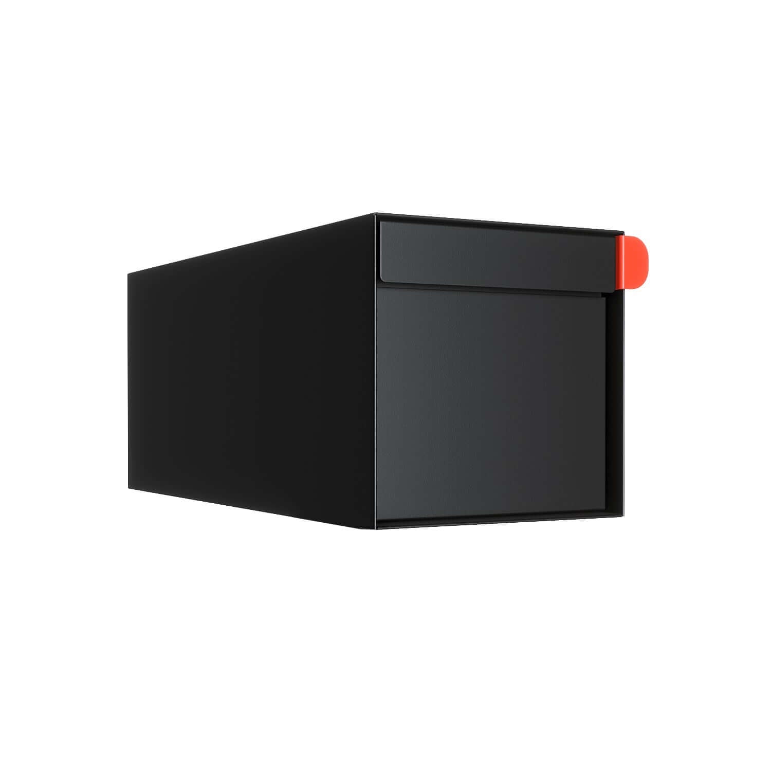 Stylish residential mailbox TOWN SQUARE in Black with modern design and red flag, ideal for curbside use.