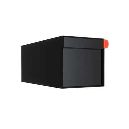 Stylish residential mailbox TOWN SQUARE in Black with modern design and red flag, ideal for curbside use.
