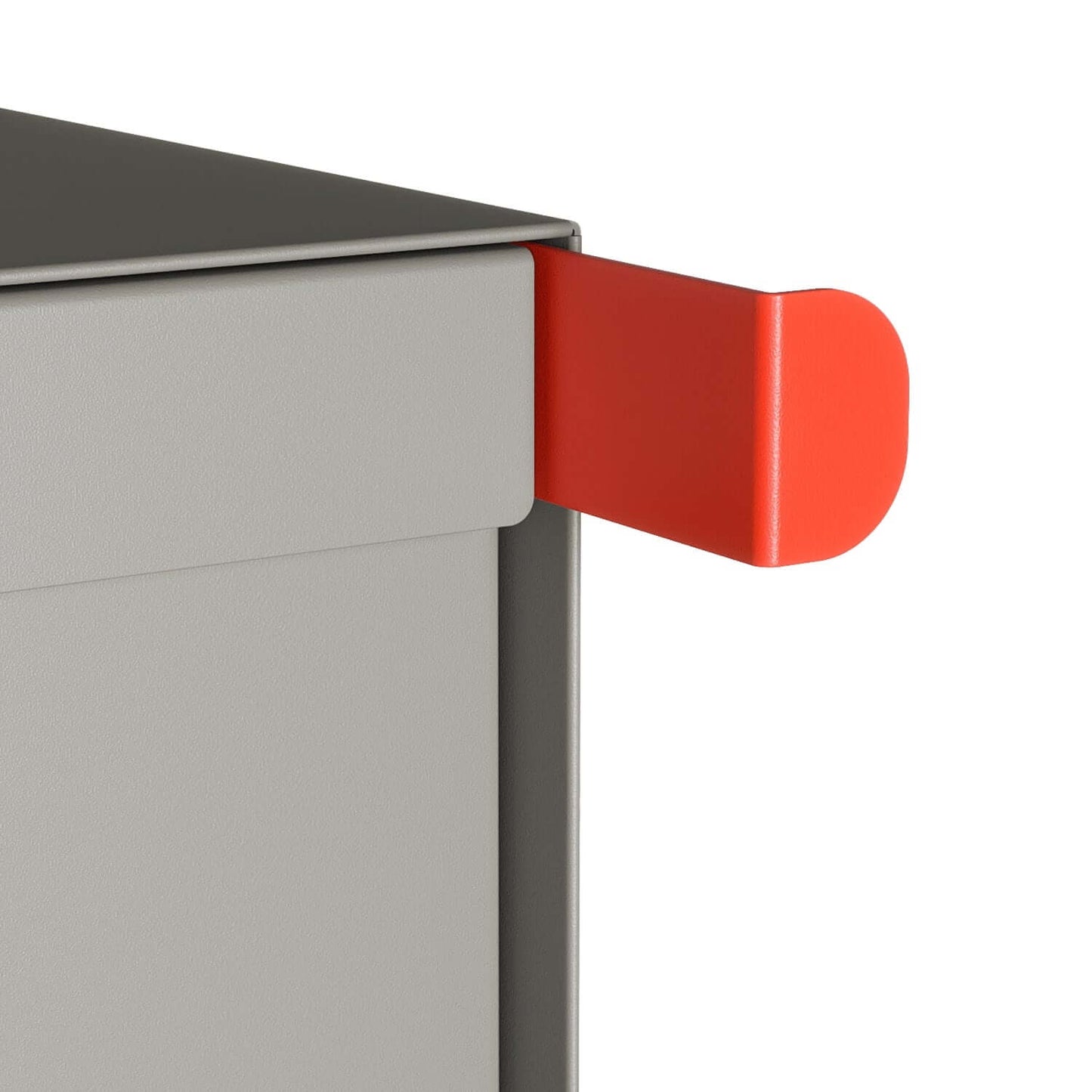 Close-up of the TOWN SQUARE post mount mailbox with a red flag, showcasing its modern design and sturdy construction.