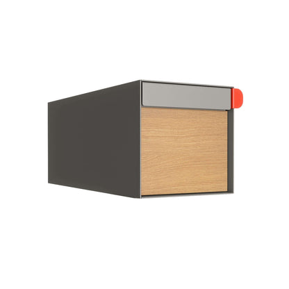 Residential mailbox TOWN SQUARE in gray with wood flap, showcasing contemporary design and stylish curbside appeal.