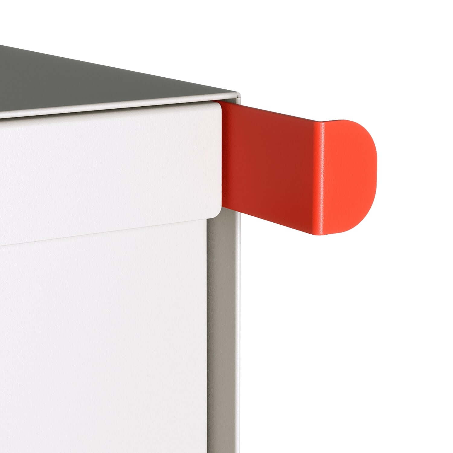 Residential mailbox TOWN SQUARE in White featuring a modern design with a red flag for mail notifications.